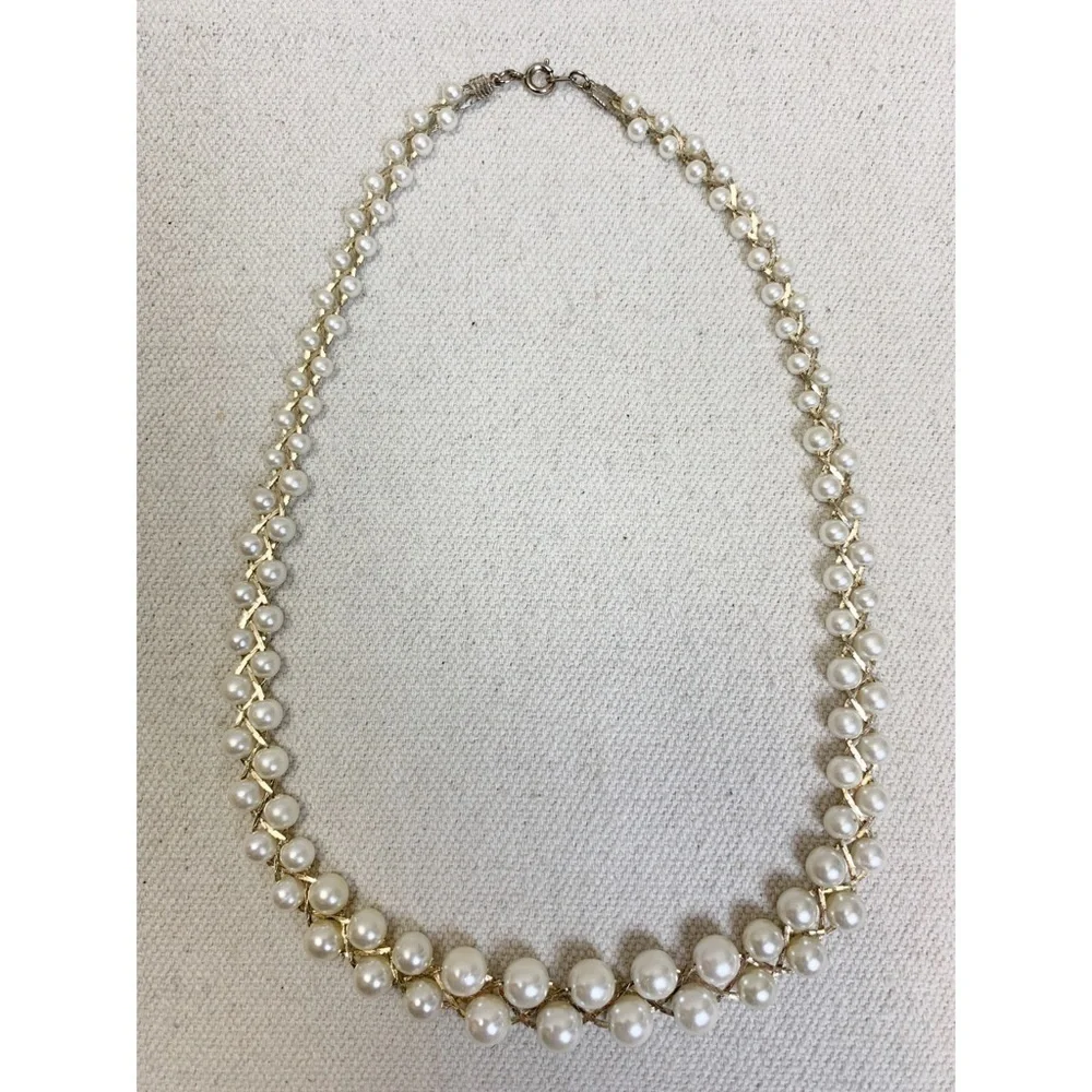 Gold Tone Chain Braided Faux White Pearl Necklace.